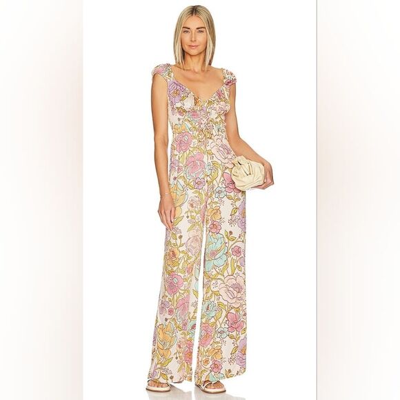 NWOT Free People Rolling Hills Jumpsuit in Tea Combo Boho Size Medium Long Flora - Picture 1 of 5
